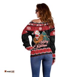 New Zealand Christmas Off Shoulder Sweater Funny Santa Riding Kiwi Meri Kirihimete
