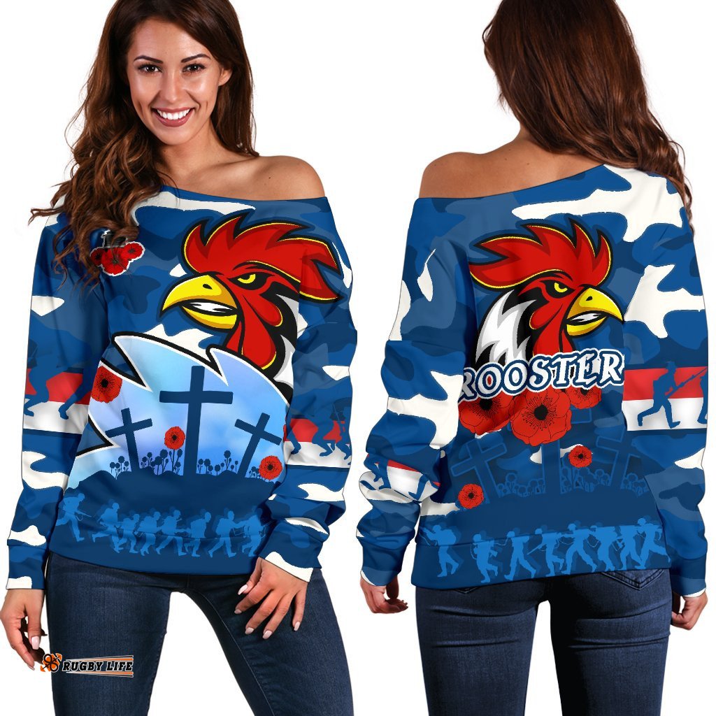 Roosters Anzac Day Off Shoulder Sweater Military Blue