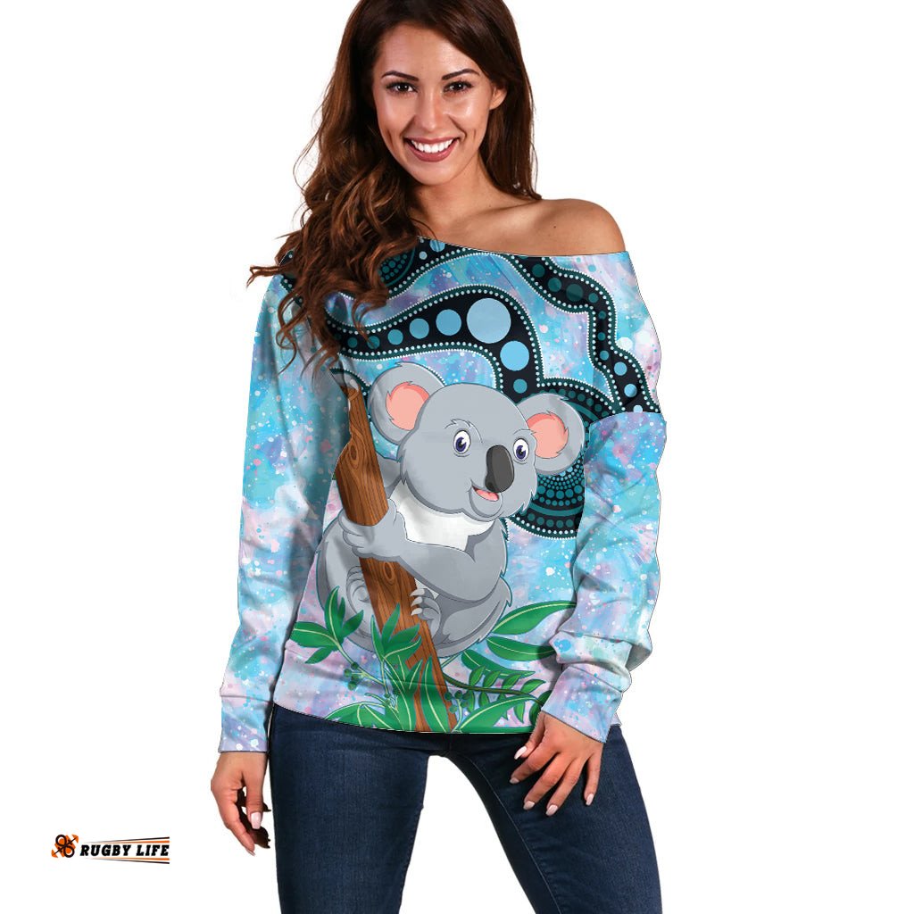 Australia Opal Koala Off Shoulder Sweater Aussie Aboriginal Art