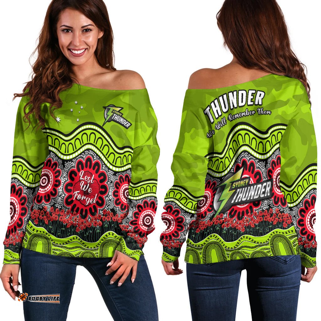 Thunder Cricket ANZAC Off Shoulder Sweater Poppy Sydney Aboriginal Camouflage