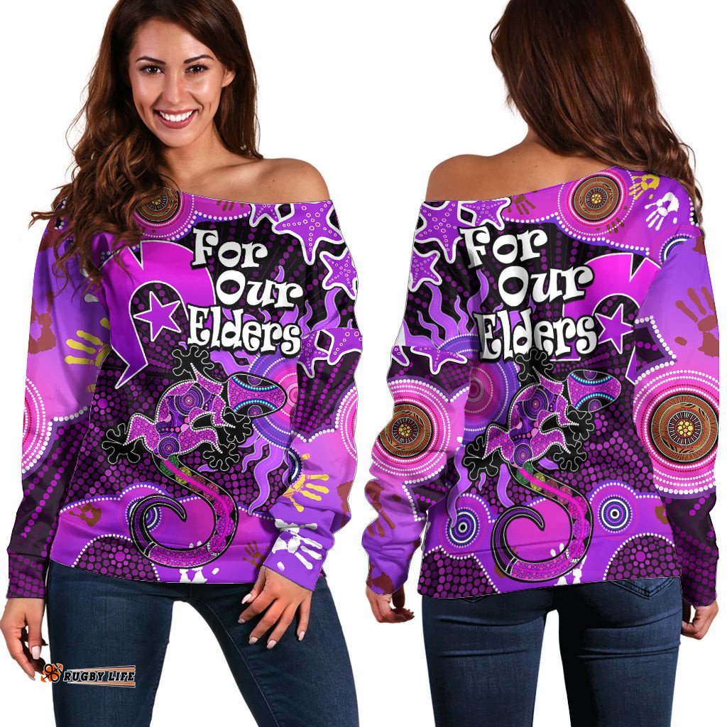 Aboriginal NAIDOC Week Off Shoulder Sweater Turtle Lizard Sun 03