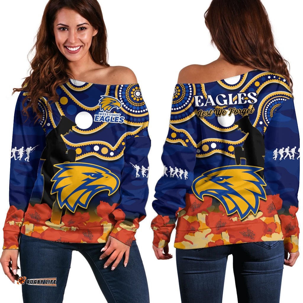 Eagles Football ANZAC Off Shoulder Sweater West Coast Indigenous Mix Poppy Camouflage