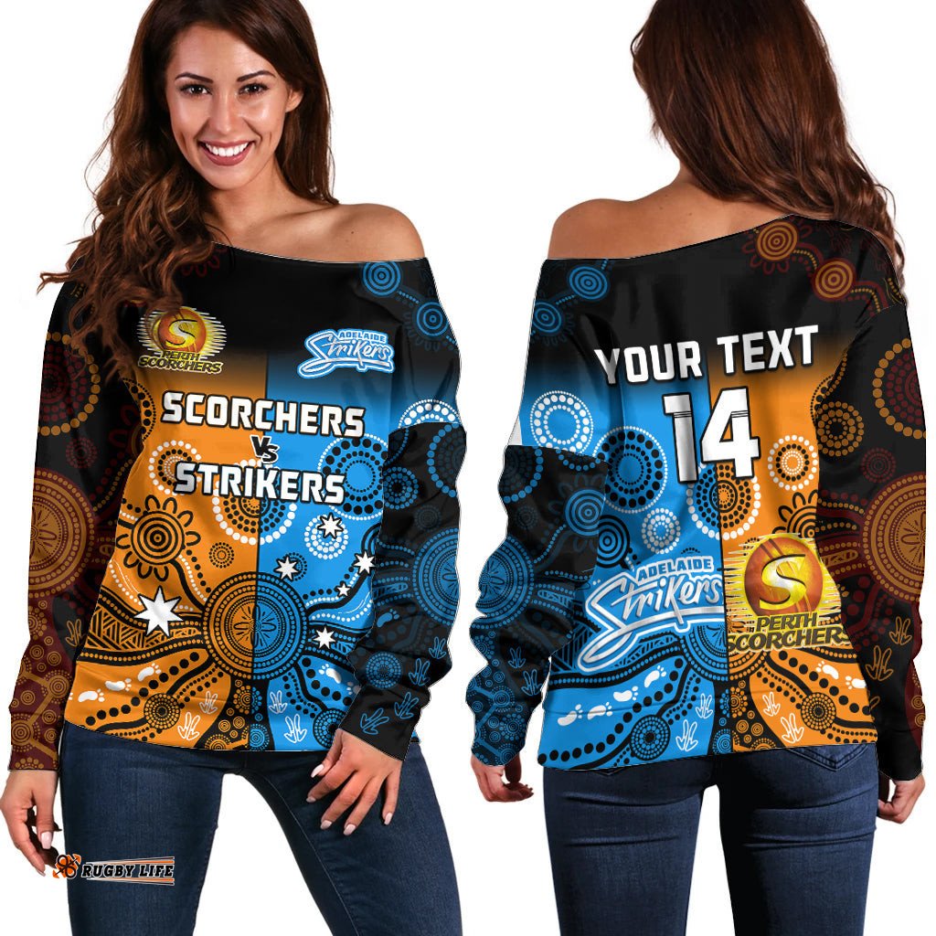 Custom Text And Number Perth Scorchers and Adelaide Strikers Cricket Off Shoulder Sweater Aboriginal Art 02