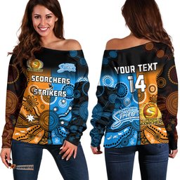 Custom Text And Number Perth Scorchers and Adelaide Strikers Cricket Off Shoulder Sweater Aboriginal Art 02