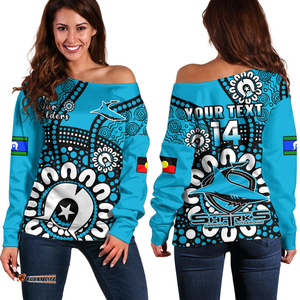 Custom Text And Number Sharks Rugby NAIDOC Off Shoulder Sweater For Our Elders Aboriginal