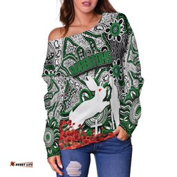 Rabbitohs Off Shoulder Sweater Anzac Day Poppy Flowers With Aboriginal