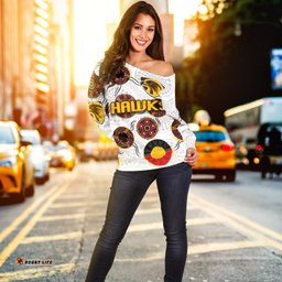 Hawthorn Women Off Shoulder Sweater Hawks Indigenous White