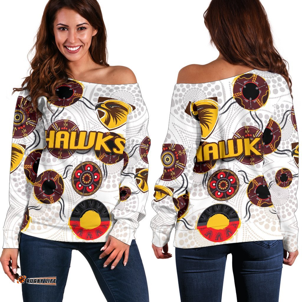 Hawthorn Women Off Shoulder Sweater Hawks Indigenous White
