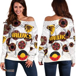 Hawthorn Women Off Shoulder Sweater Hawks Indigenous White