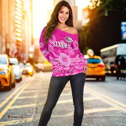 Custom Text And Number Sydney Sixers Off Shoulder Sweater Cricket Indigenous Australian Art Ver.02