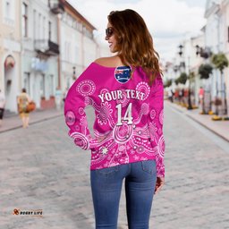 Custom Text And Number Sydney Sixers Off Shoulder Sweater Cricket Indigenous Australian Art Ver.02