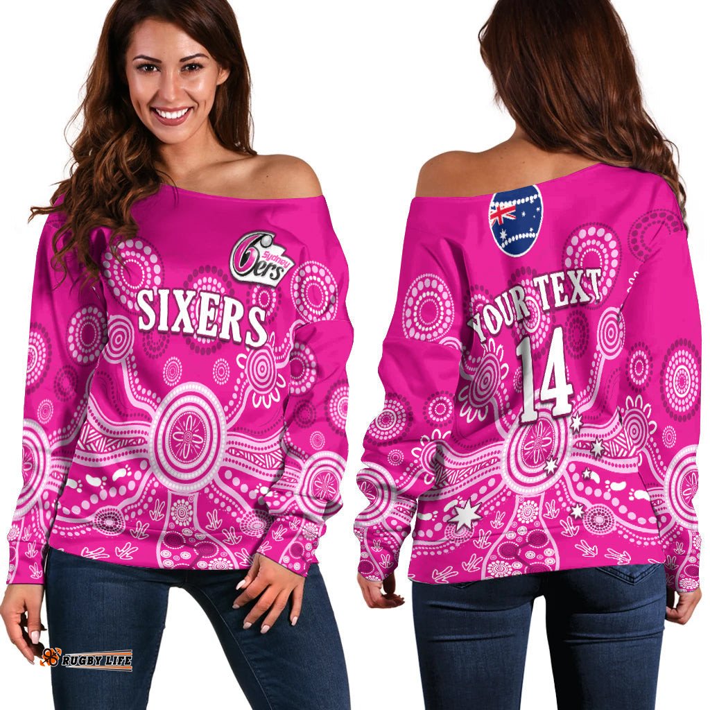 Custom Text And Number Sydney Sixers Off Shoulder Sweater Cricket Indigenous Australian Art Ver.02