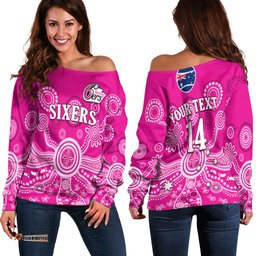 Custom Text And Number Sydney Sixers Off Shoulder Sweater Cricket Indigenous Australian Art Ver.02