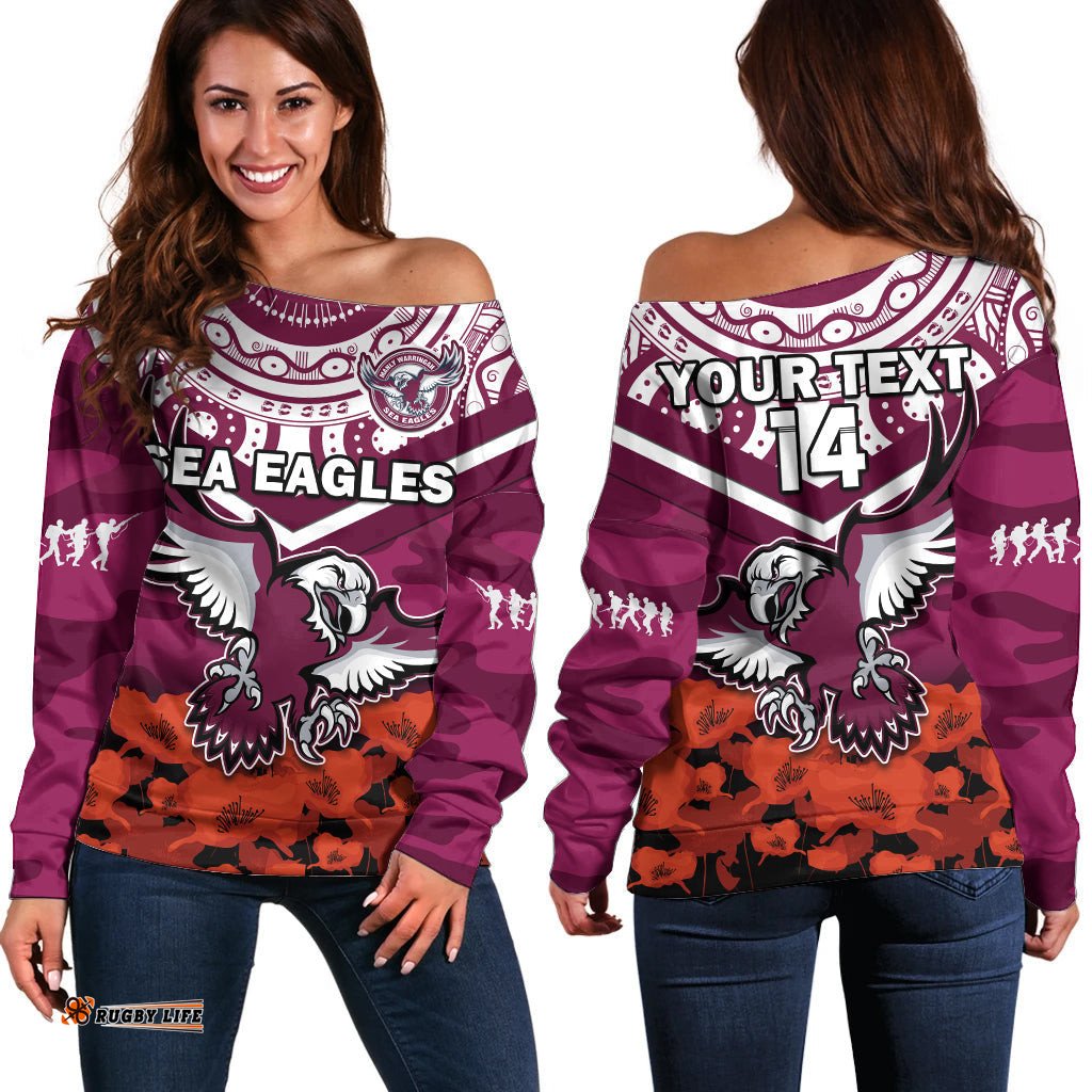 Custom Text And Number Sea Eagles Rugby ANZAC Rugby Off Shoulder Sweater Camouflage Mix Indigenous