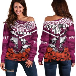 Custom Text And Number Sea Eagles Rugby ANZAC Rugby Off Shoulder Sweater Camouflage Mix Indigenous