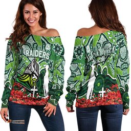 Raiders Off Shoulder Sweater Anzac Day Poppy Flowers With Aboriginal