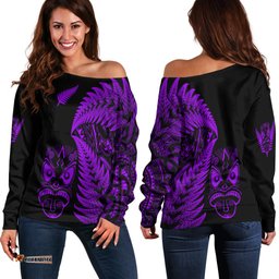 New Zealand Haka Rugby Maori Women Off Shoulder Sweater Silver Fern Vibes Purple