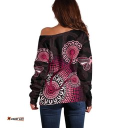 Australia Indigenous Off Shoulder Sweater Breast Cancer Ribbon Aboriginal Art Black