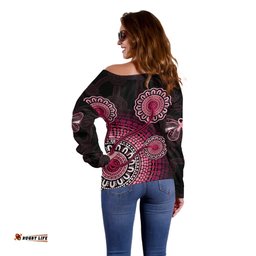 Australia Indigenous Off Shoulder Sweater Breast Cancer Ribbon Aboriginal Art Black