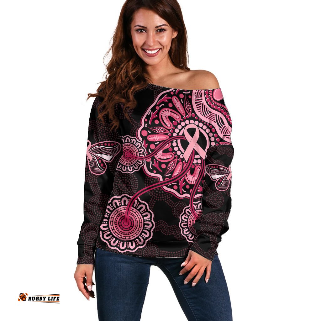 Australia Indigenous Off Shoulder Sweater Breast Cancer Ribbon Aboriginal Art Black