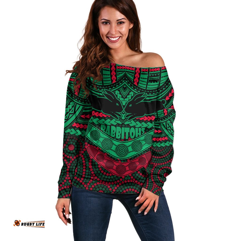 Rabbitohs Rugby Off Shoulder Sweater Polynesian and Aboriginal Special Version