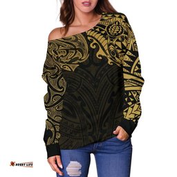 New Zealand Women's Off Shoulder Sweater, Maori Polynesian Tattoo Gold