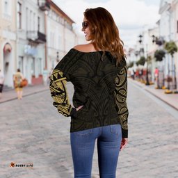 New Zealand Women's Off Shoulder Sweater, Maori Polynesian Tattoo Gold