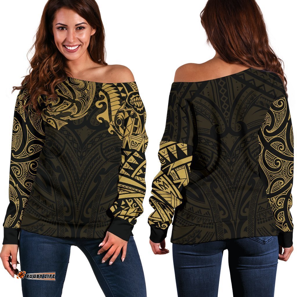 New Zealand Women's Off Shoulder Sweater, Maori Polynesian Tattoo Gold