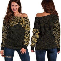 New Zealand Women's Off Shoulder Sweater, Maori Polynesian Tattoo Gold