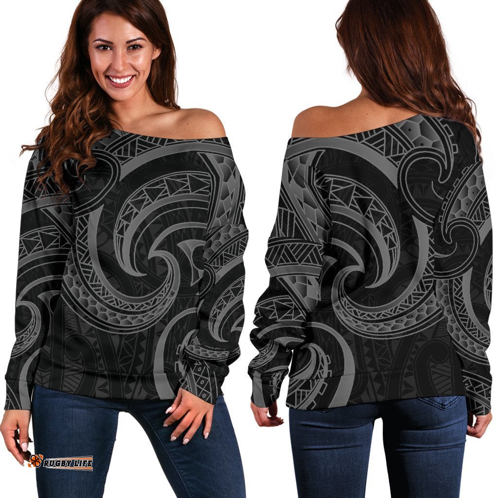 New Zealand Maori Mangopare Women Off Shoulder Sweater Polynesian Black