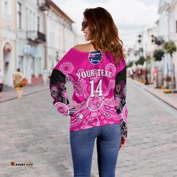 Custom Text And Number Sydney Sixers Off Shoulder Sweater Cricket Indigenous Australian Art Ver.01