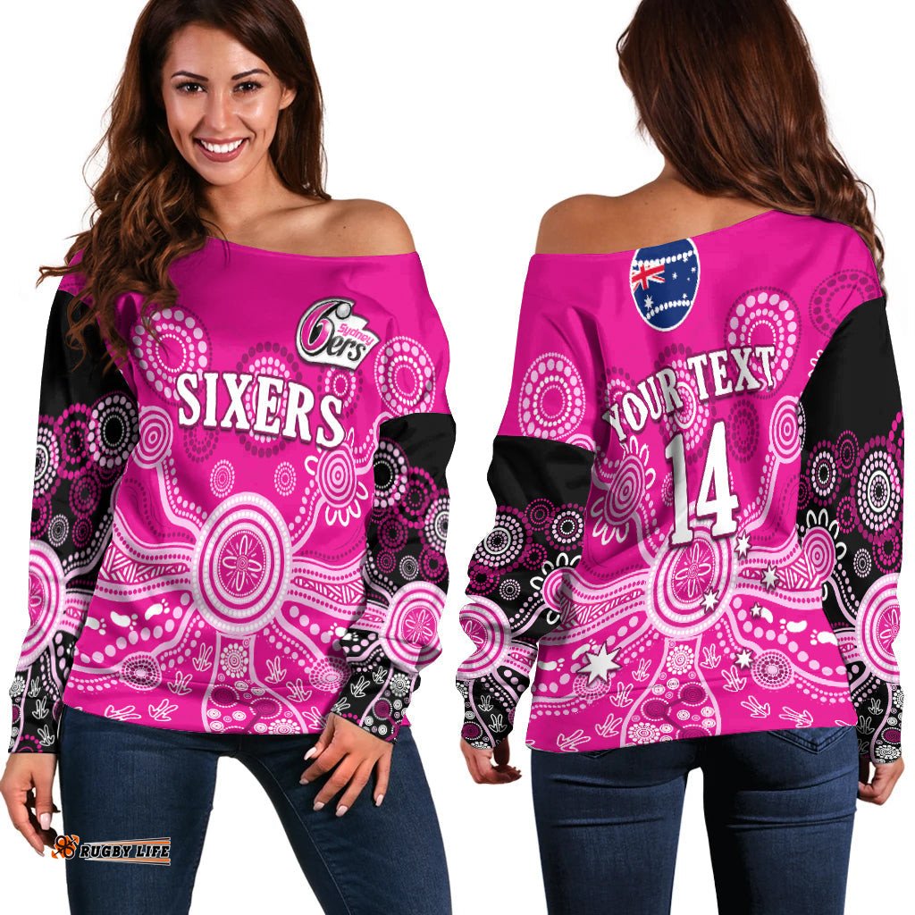 Custom Text And Number Sydney Sixers Off Shoulder Sweater Cricket Indigenous Australian Art Ver.01