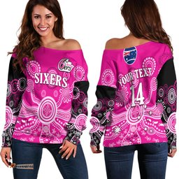 Custom Text And Number Sydney Sixers Off Shoulder Sweater Cricket Indigenous Australian Art Ver.01