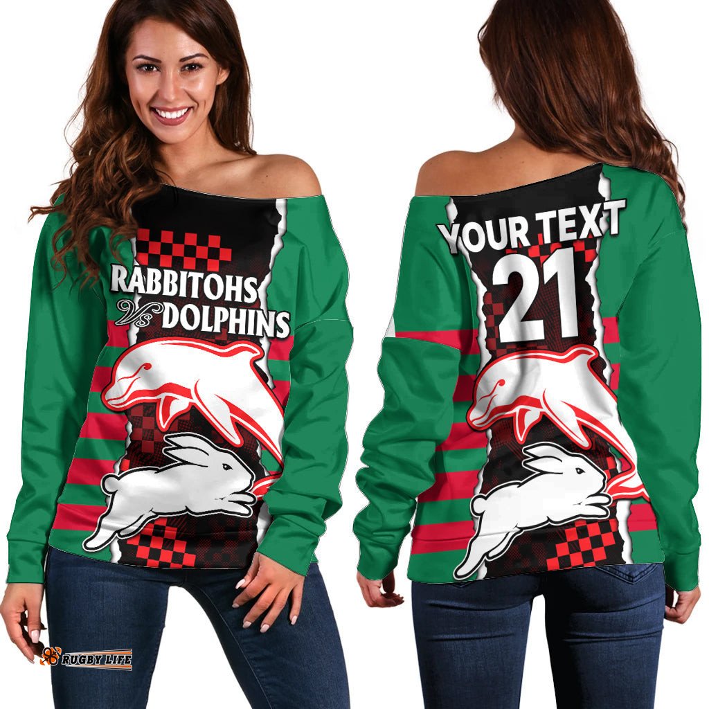 Custom Text And Number NRL Combine Rabbitohs and Dolphins Off Shoulder Sweater 06