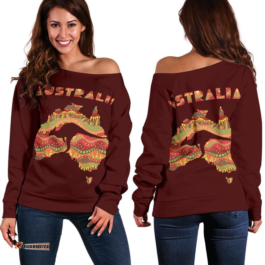 Womens Off Shoulder Sweater Australia Map Sweater Kangaroo Aboriginal Patterns 07