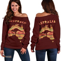 Womens Off Shoulder Sweater Australia Map Sweater Kangaroo Aboriginal Patterns 07