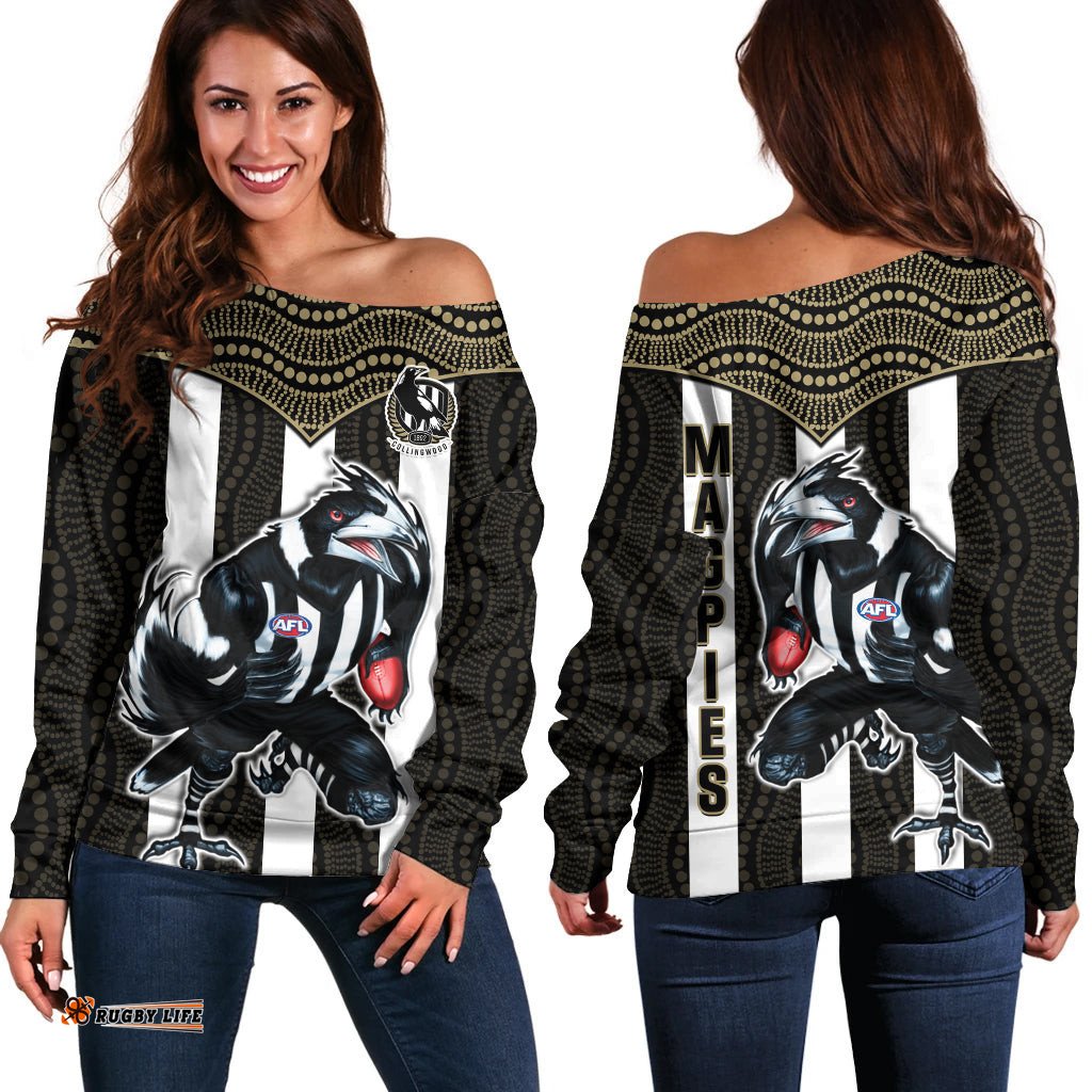 Magpies Football Off Shoulder Sweater Collingwood 1892 Indigenous Sporty Style