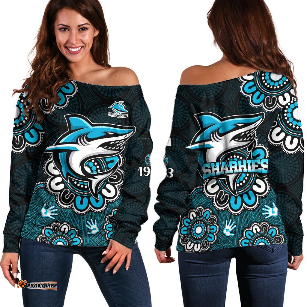 NRL Cronulla Sutherland Sharks Rugby Sharkies 1963 Aboriginal Off Shoulder Sweater