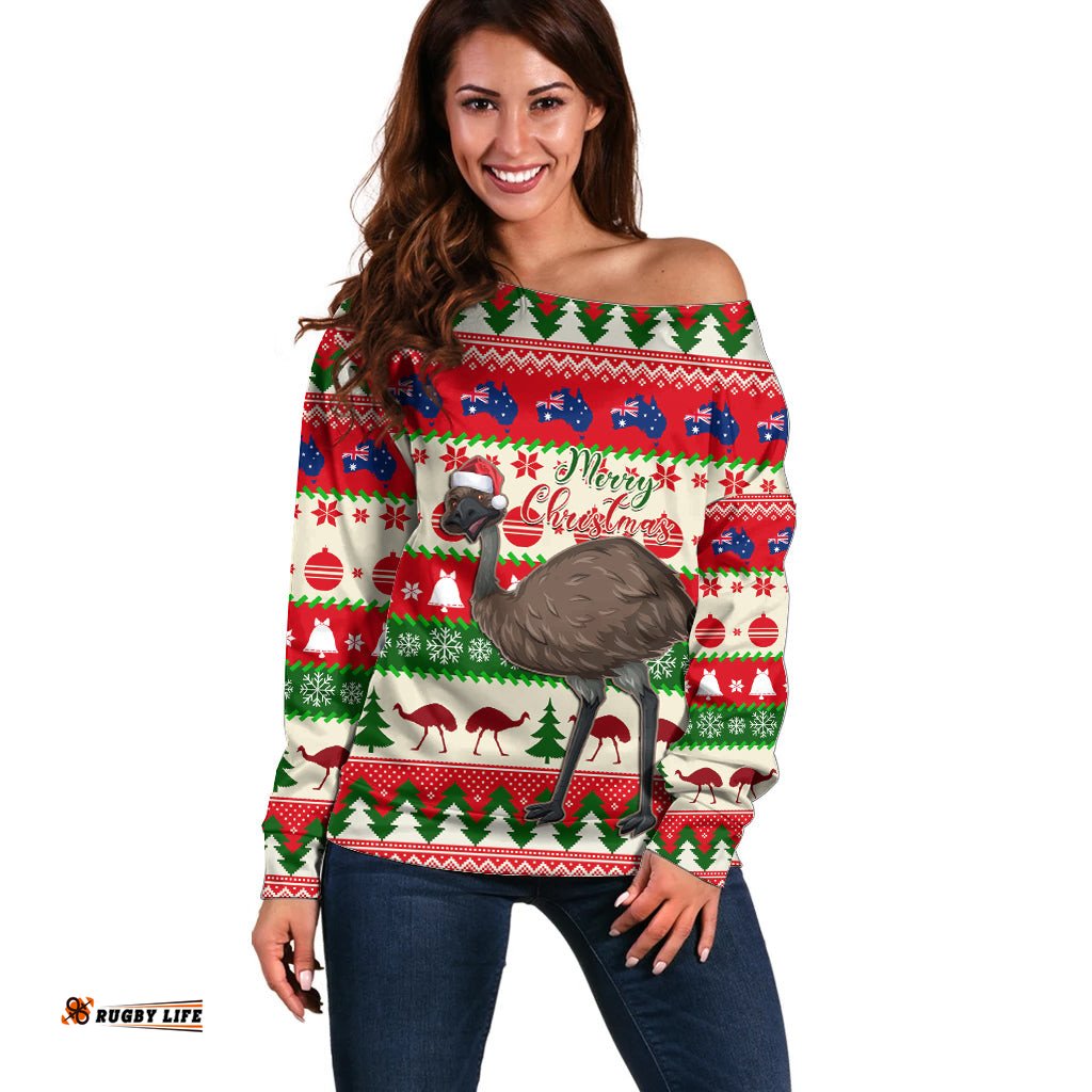 Australia Christmas Off Shoulder Sweater Aussie Emu Santa Merry Xmas