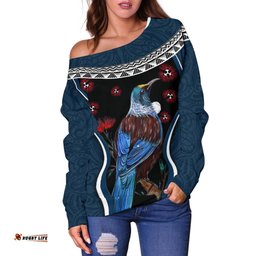 New Zealand Tui Bird Off Shoulder Sweater, Pohutukawa Navy