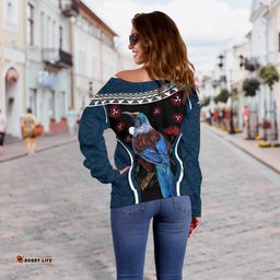 New Zealand Tui Bird Off Shoulder Sweater, Pohutukawa Navy