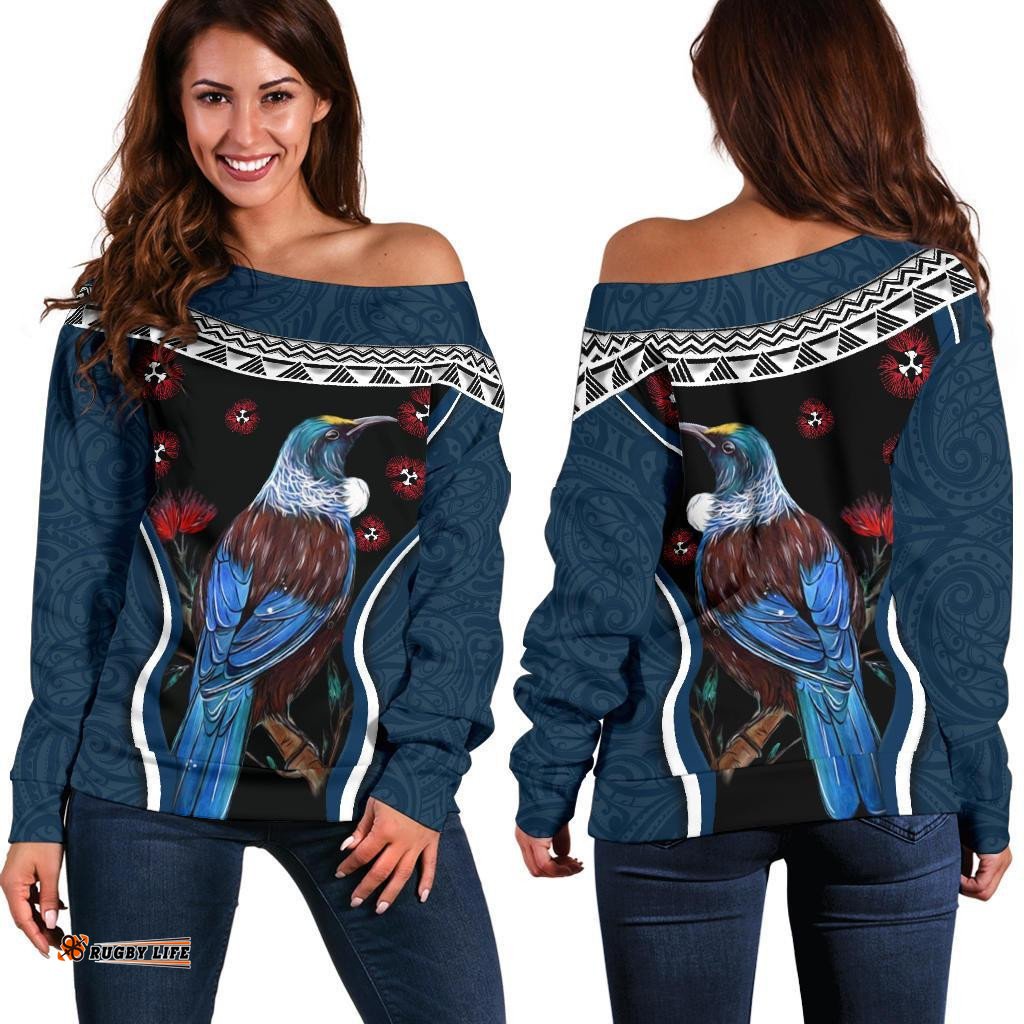 New Zealand Tui Bird Off Shoulder Sweater, Pohutukawa Navy
