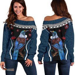 New Zealand Tui Bird Off Shoulder Sweater, Pohutukawa Navy