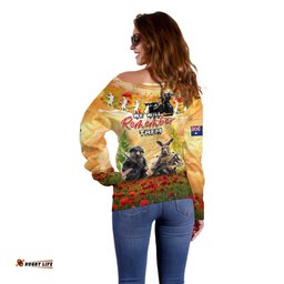 Australia And New Zealand ANZAC Day Off Shoulder Sweater Kangaroo And Kiwi Bird Soldiers Lest We Forget