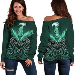 Maori Manaia New Zealand Off Shoulder Sweater Turquoise