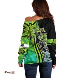 Australia Fishing Off Shoulder Sweater Aboriginal Rise And Shine A Bass Fish Jumps Out Of Water And Aboriginal Patterns Inspired