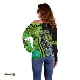 Australia Fishing Off Shoulder Sweater Aboriginal Rise And Shine A Bass Fish Jumps Out Of Water And Aboriginal Patterns Inspired