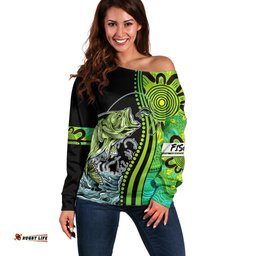 Australia Fishing Off Shoulder Sweater Aboriginal Rise And Shine A Bass Fish Jumps Out Of Water And Aboriginal Patterns Inspired