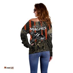 ANZAC Collingwood Football Off Shoulder Sweater Proud To Be Magpies Poppy Flowers and Aboriginal Version