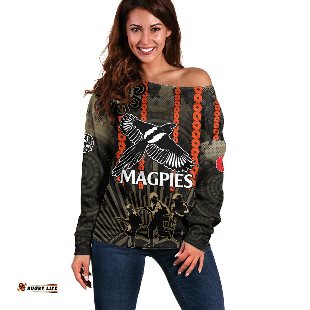 ANZAC Collingwood Football Off Shoulder Sweater Proud To Be Magpies Poppy Flowers and Aboriginal Version